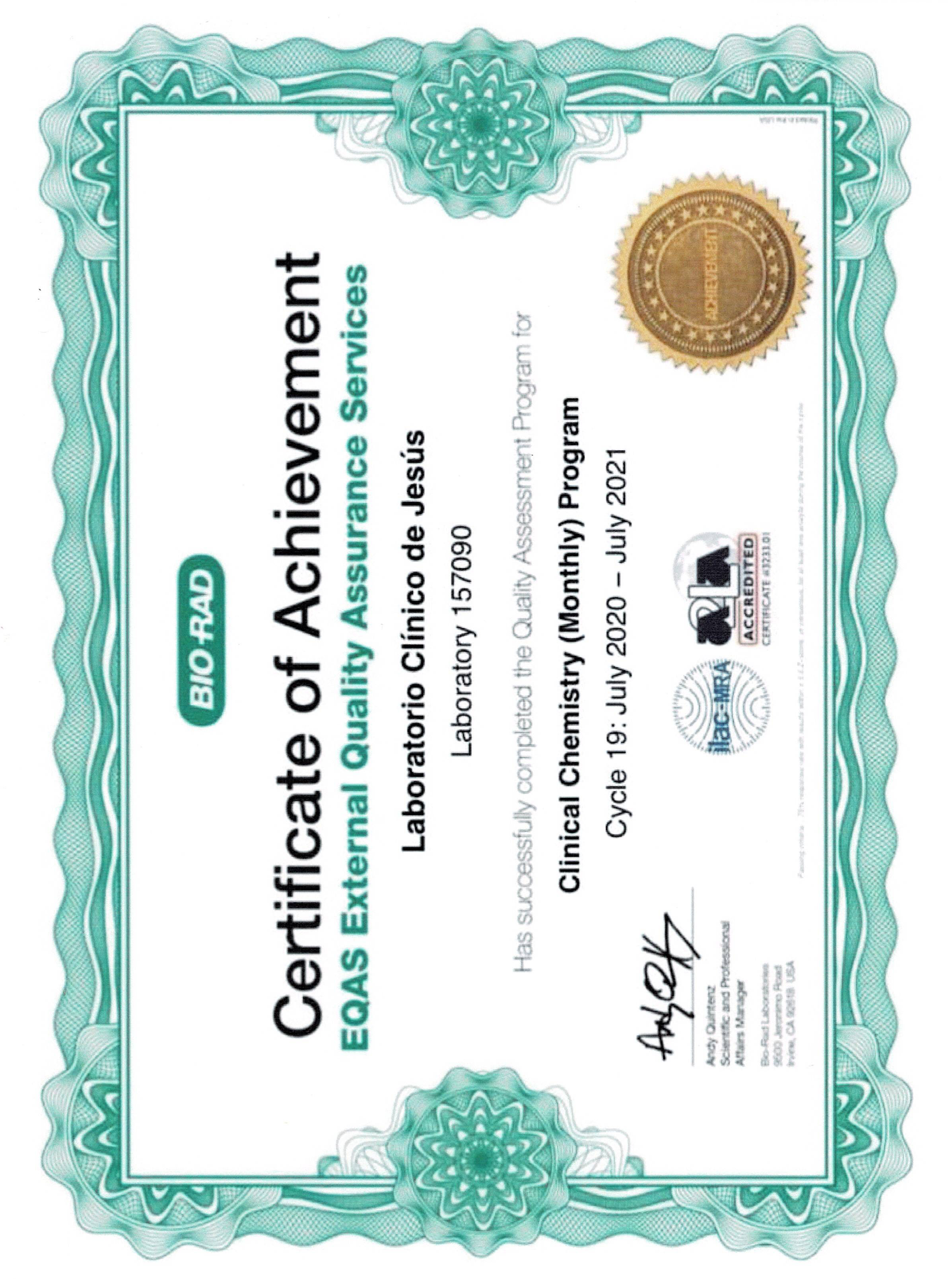 Certificado Bio-Rad Química Clínica